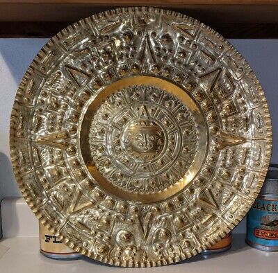 Large Aztec Mayan Sun God El Sol Ornate Brass Hanging Plate Wall Decor