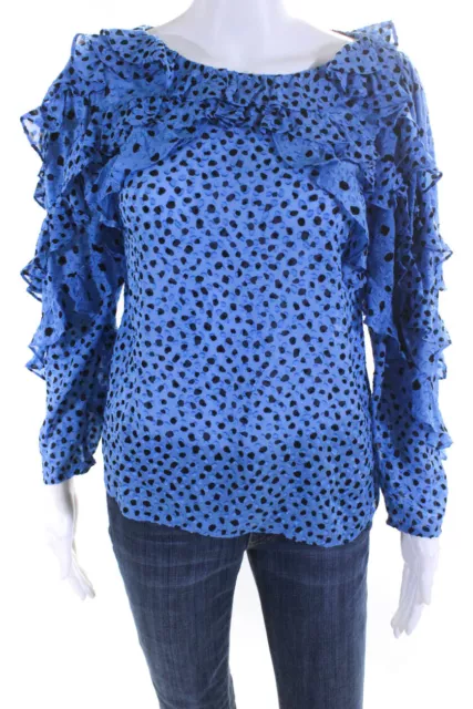 Rebecca Taylor Women's Silk Ruffle Trim Polka Dot V-Neck Blouse Blue Size 2