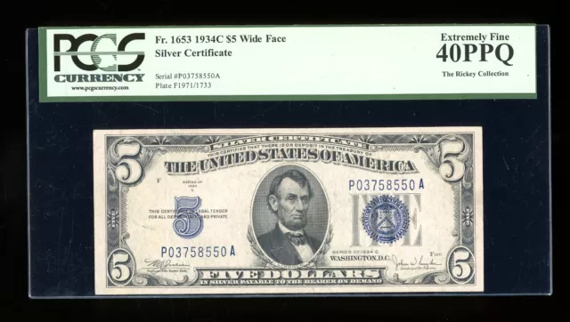 DBR $5 1934-C Silver  Fr. 1653W PA Block Wide Face PCGS 40 PPQ Serial P03758550A