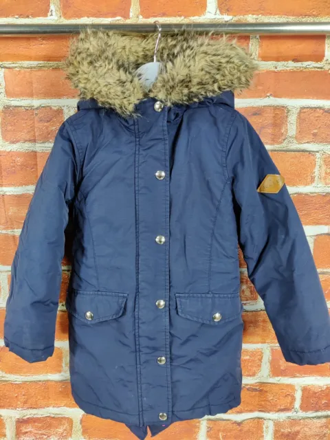 Girls Joules Navy Padded Parka Coat Age 6 Years Fur Trim Fleece Lined Warm 116Cm