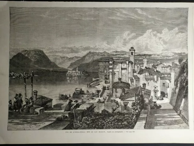 Stampa antica Veduta Lago Maggiore Isola Bella Borromea Xilografia 1867