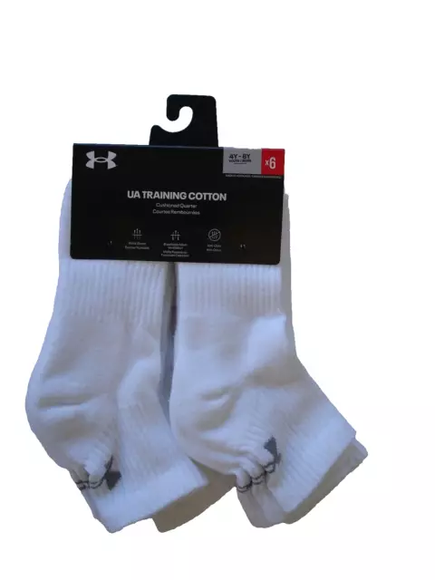 NWT Boy Shoe size 4Y - 8Y - Under Armour Quarter Socks - 6 White