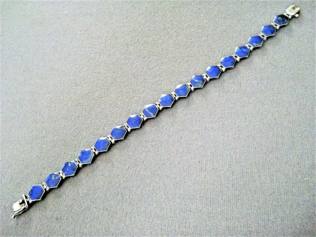 Southwestern Style Lapis Hexagon Sterling Silver Panel Link Hinged Bracelet 3