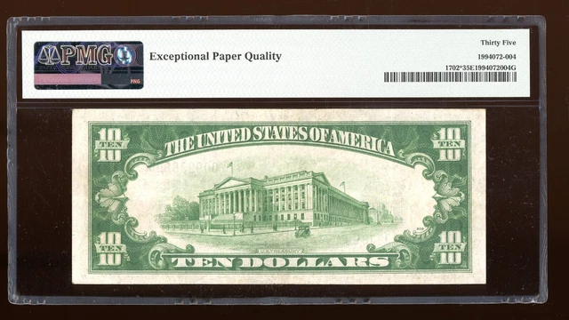 DBR 1934-A $10 Silver STAR Fr. 1702* PMG 35 EPQ Serial *00993869A 2