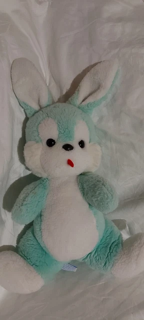 Doudou Peluche Nounours Lapin Assis vert menthe et Blanc  Année 80 vintage 45 cm