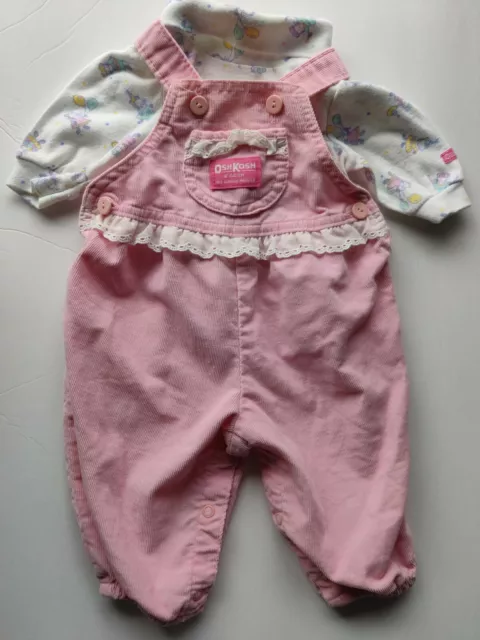 Vintage 2Pc Set Oshkosh Baby Girl Pink Vest Back Corduroy Overall 3-6M Bunny USA
