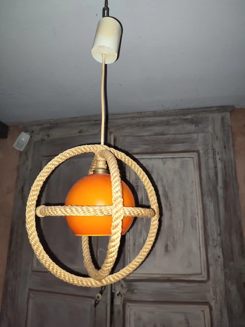 Lampe Lanterne Vintage Audoux Minet Années 60 - Cordage Et Laine, Métal - Puissance Max 60W