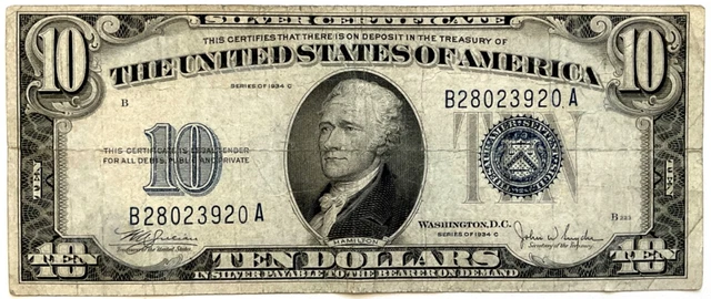 $10 Silver Certificate (Small), Series 1934 C (Blue Seal) Fr#1704