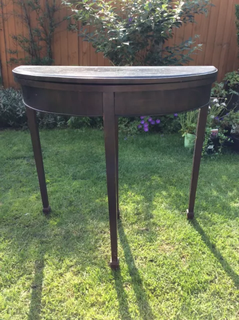 Antique Demi Lune Card Table, with support leg and folding top.