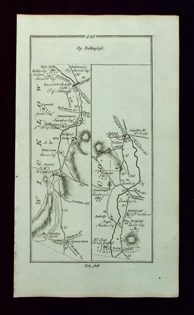 IRELAND, BALTINGLASS, TULLOW, DUBLIN, antique road map, Taylor & Skinner, 1783