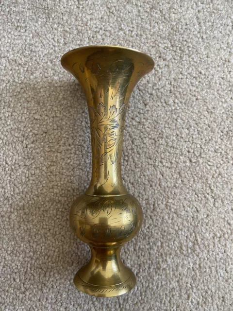 Vintage Brass Bud Vase Etched Leaf Design 15cm Tall