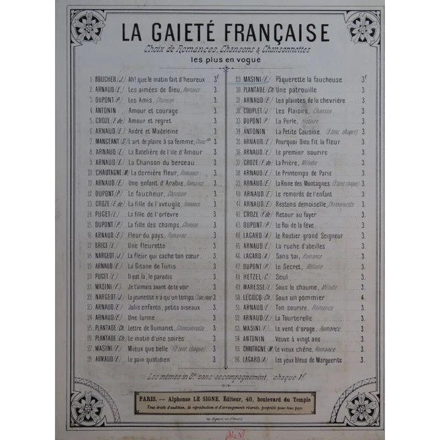 MASINI F. Paquerette la Faucheuse Chant Piano XIXe siècle