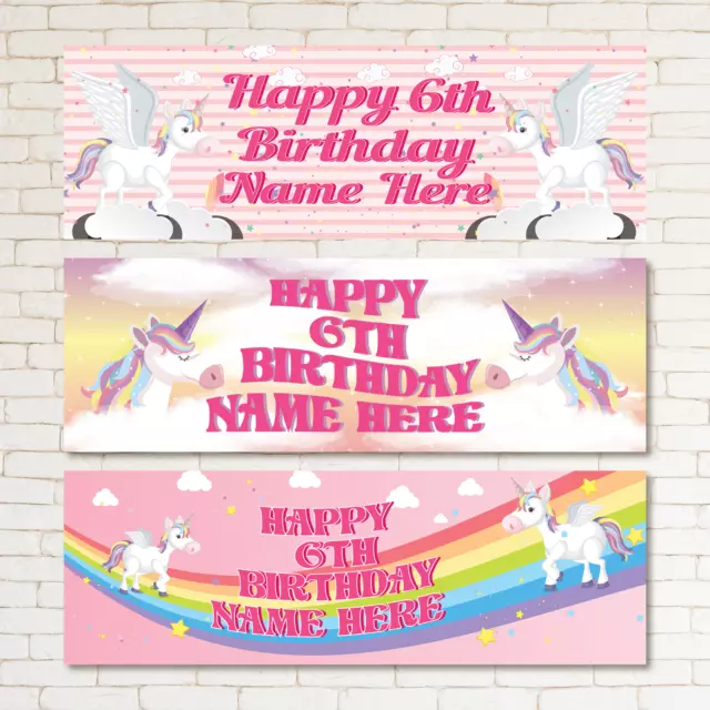 2 Personalised Birthday Banner Unicorns Star Rainbow Children Kid Party Poster