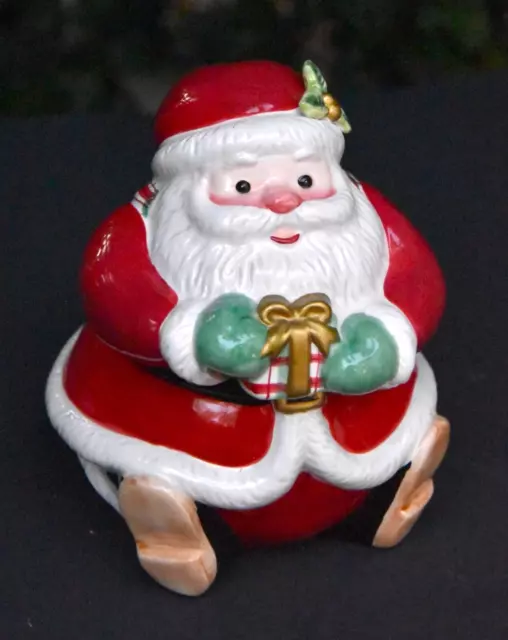 New FITZ and FLOYD Plaid Christmas Jolly SANTA Lidded Candy Jar 6” w Sales Box