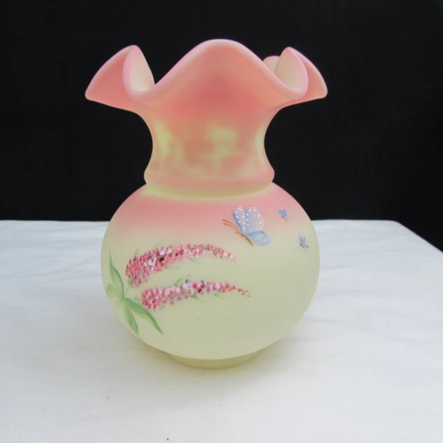 Fenton Burmese GSE Butterfly Bush Hand Painted Vase C64