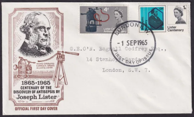 1965 Joseph Lister Centenary Official FDC; London SW FDI