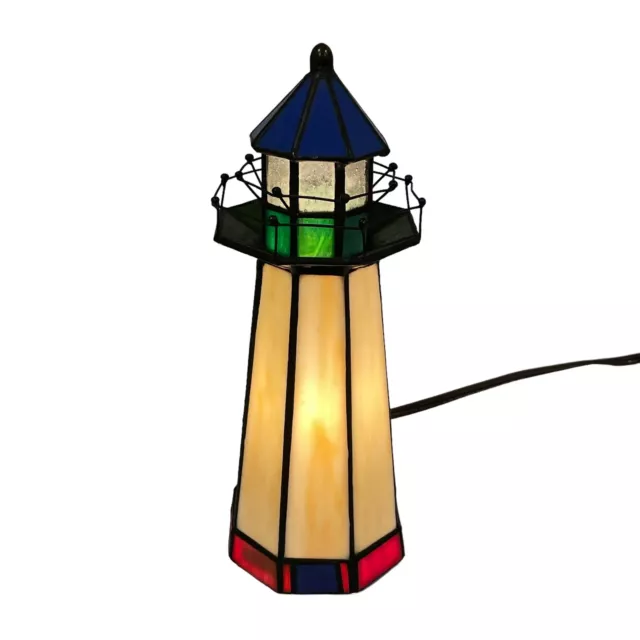 Vintage Y2K 90s Lamp Stained Glass Lighthouse Tiffany Style Table Decor UL White