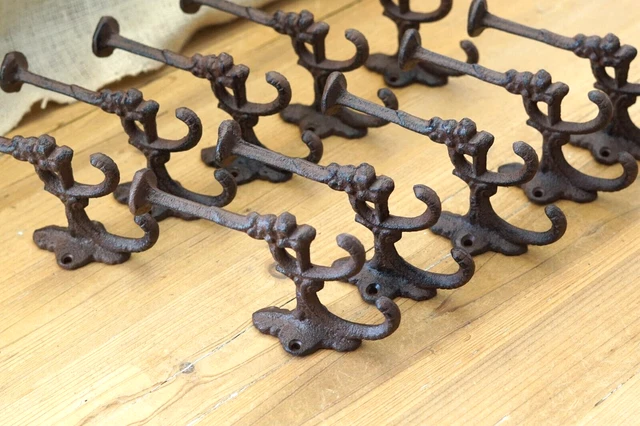 10 Rustic Cast Iron Coat Bath Hooks Ornate Victorian Large Hall Tree Wall Towel