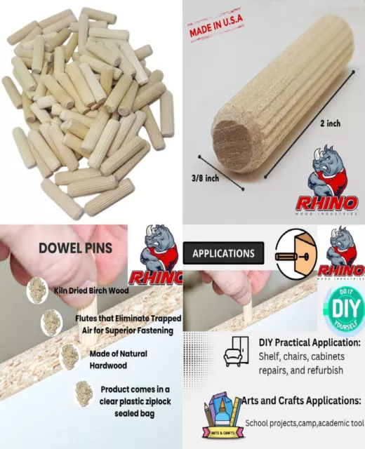 100 Pack 3/8" x 2" Wooden Dowel Pins Wood Kiln Dried Fluted and x