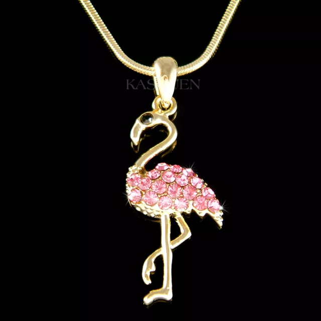 ~Pink Flamingo Bird made with Swarovski Crystal charm Jewelry Gold Tone Necklace