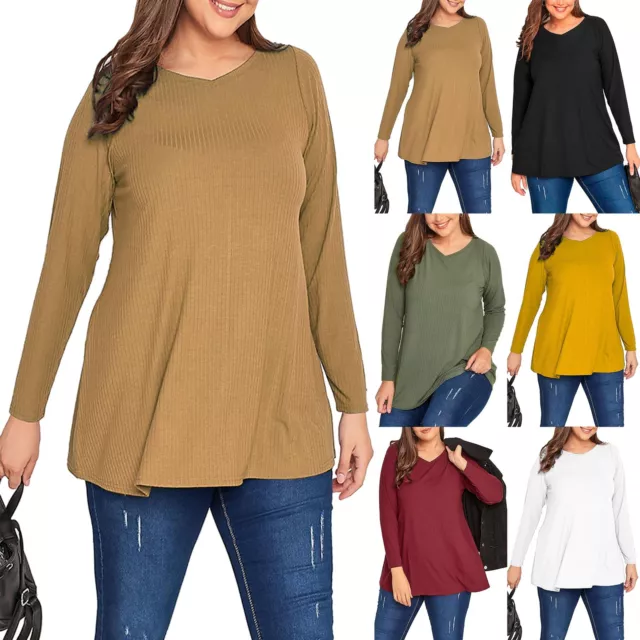 Ladies Ribbed Knitted V Neck Womens Long Sleeve Pullover Casual Baggy Jumper Top