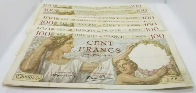 France 100 Cent Francs Banknote Lot Of 5 Banknotes 1939 - 1941 Xf No Reserve 2