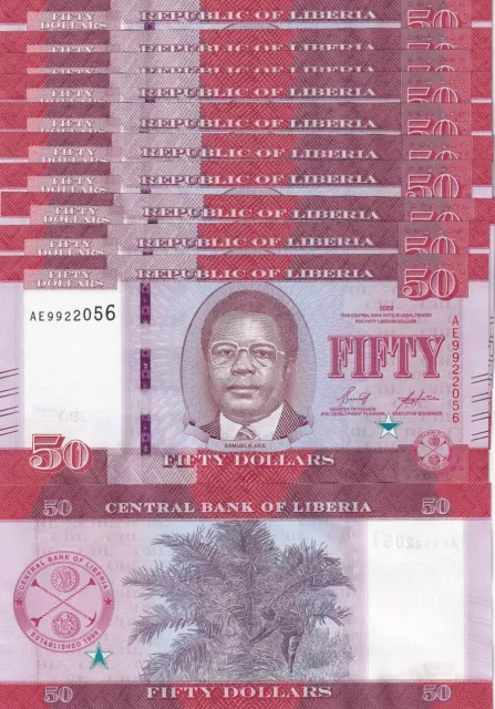 Liberia 50 Dollars 2022 P 40 NEW Design UNC LOT 10 PCS