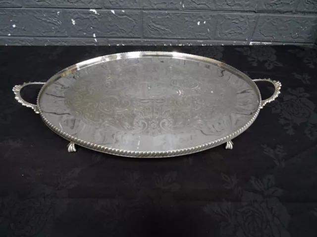 Vintage  Silver Plated Footed Butler Serving Tray Handles English Antique