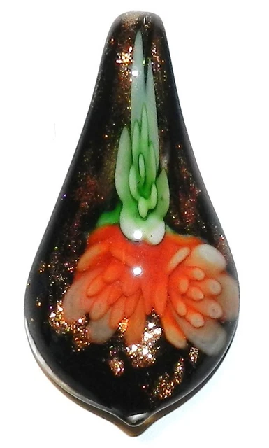P1213 Red Flower Gold Sparkle Black 55mm Spoon Drop Lampwork Glass Pendant