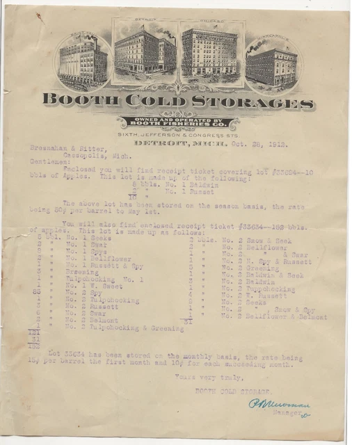 1912 Booth Cold Storages receipt letterhead Detroit, Michigan, history