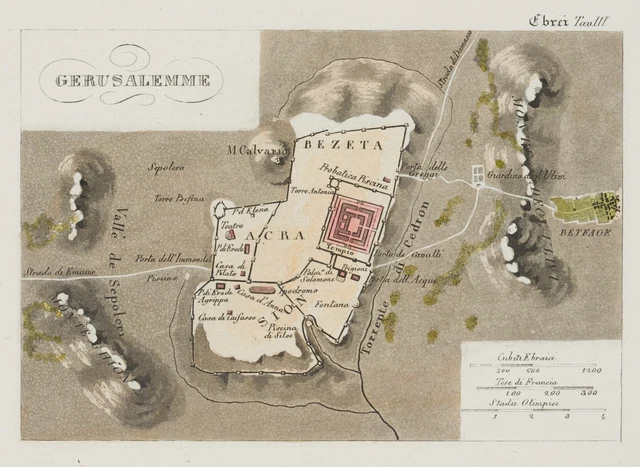 GERUSALEMME, STORICA MAPPA, Aquatinta Romanticismo Mappe Sconosciute