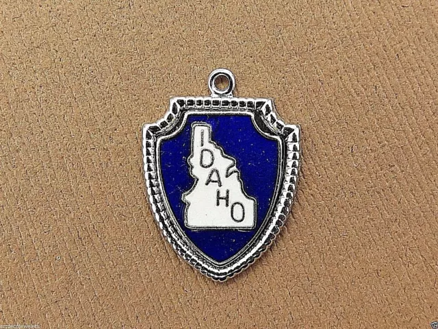 Vintage silver IDAHO STATE MAP SOUVENIR ENAMEL TRAVEL SHIELD charm 9-6