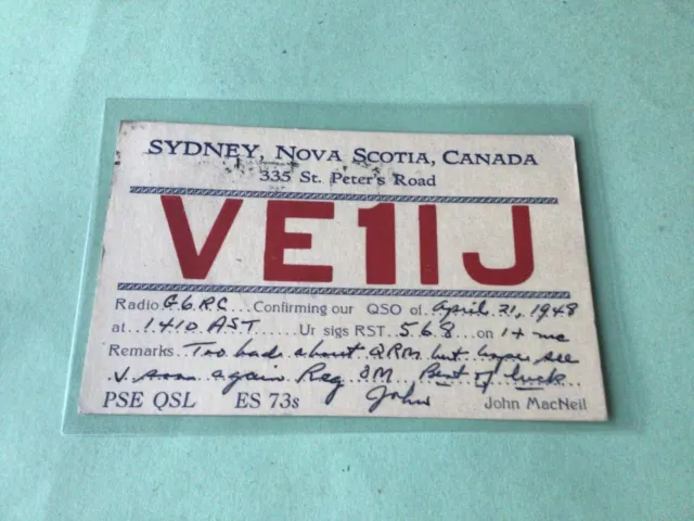 Vintage QSL Radio communication Card Nova Scotia  Canada 1948  Ref 52937