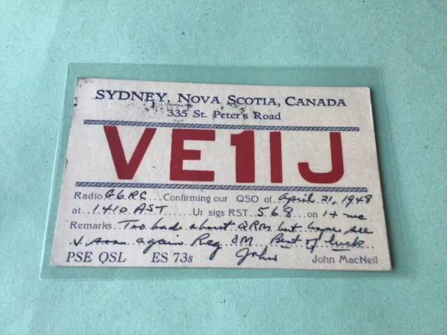 Vintage QSL Radio communication Card Nova Scotia  Canada 1948  Ref 52937