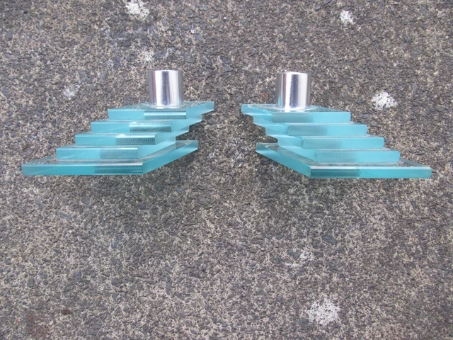 One Pair Of Art Deco, Stacked Clear Glass Candalsticks, Diamond Facet Pattern 3
