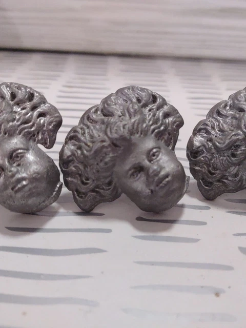 Vintage Casted Pewter Upholstery Tacks/Nails Cherub Face 3pc