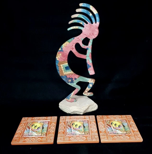 Kokopelli Lazart Enameled Metal Art Figurine Sandstone Base & Set Of 3 Coasters