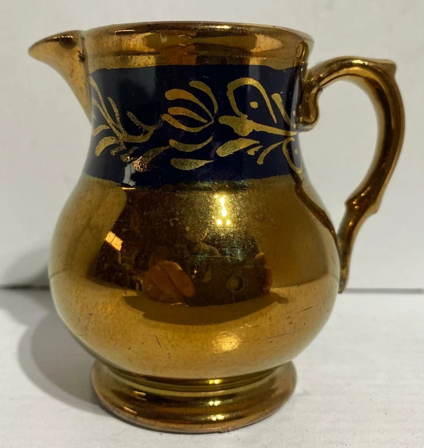 Small Antique Copper Lusterware Ceramic Hand Painted Cream Pitcher 19th Century