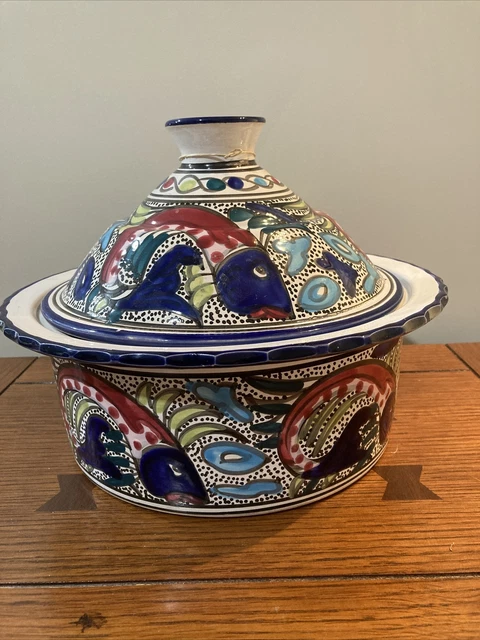 INT Doua Ceramics Extra Tunesia TAGINE POT & LID Blue Red Aqua Fish Design INT Doua Ceramics Extra Tunesia TAGINE POT & LID Blue Red Aqua Fish Design