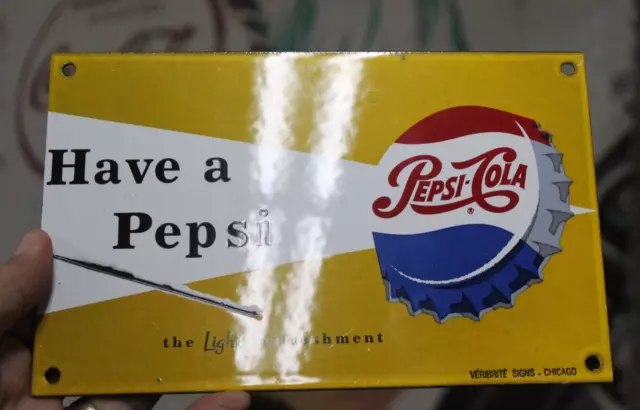 RARE 5" x 8" MUSTARD YELLOW HAVE A PEPSI COLA PORCELAIN METAL SIGN COKE SODA POP