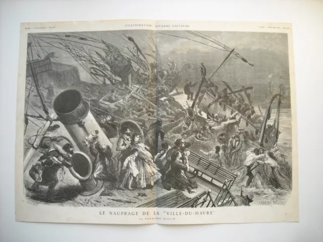 1873 Engraving. Shipwreck Transatlantique Ville-Du-Havre. Last Minute.