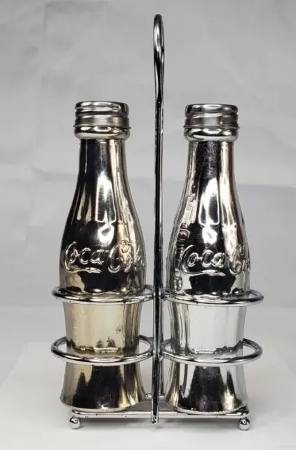 Coca Cola Salt Pepper Shakers Mini Bottles With Metal Stand Caddy Set Chrome