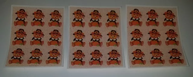 VTG Hallmark Teddy Bear Pilgrim Pumpkin Thanksgiving Stickers ~ Lot of 3 Sheets