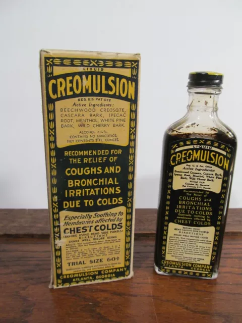 Vtg 1930’s Large Liquid Creomulsion Cough Syrup Quack Medicine Bottle W/ Box