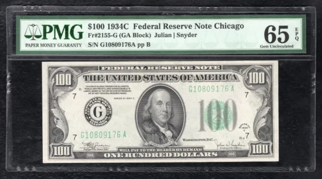 Fr. 2155-G 1934-C $100 Frn Federal Reserve Note Chicago, Il Pmg Gem Unc-65Epq