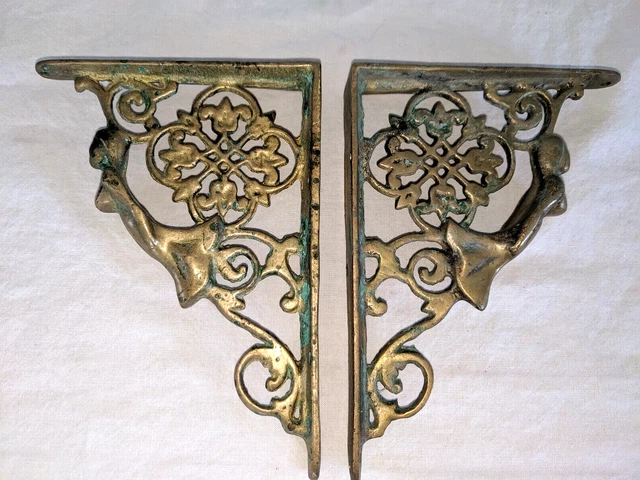 Pair Vtg Antique Solid Brass Mermaid Shelf Brackets Wall Mount 6.25" x 4.5"