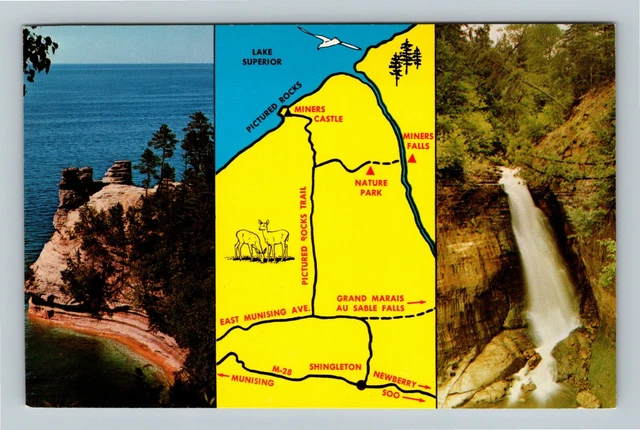 Miners Castle, Falls, Map, Nature Park, Lake Superior, Michigan Vintage Postcard
