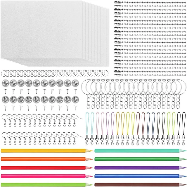 Kit De Feuilles Plastique Thermorétractable 232 Pièces – A4/A5, 100 Porte-clés, 100 Anneaux, 12 Crayons – DIY Créatif