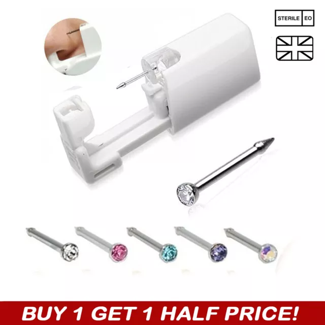 Disposable Nose Piercing Kit - Silver CZ Stud Earring Gun DIY Home Self Tool UK