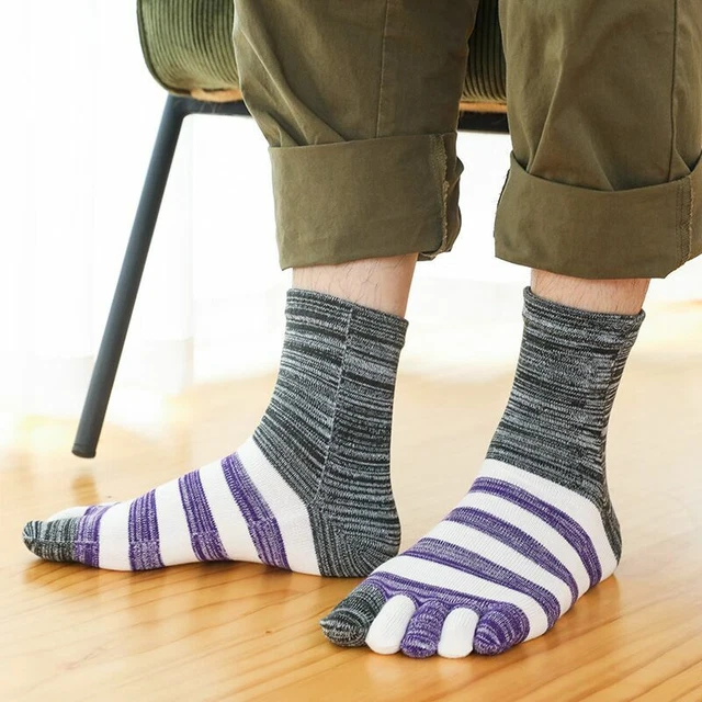 Men Five Finger Toe Cotton Breathe Striped Sport Casual Crew Socks 7-11